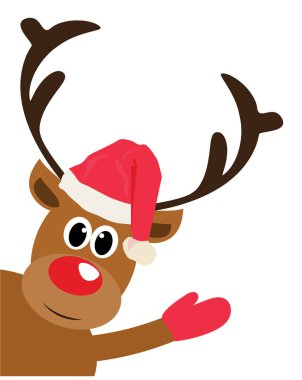 Komik bir ren geyiğinin vektör çizimi, Noel Baba şapkalı ve eldivenli Rudolf kırmızı burnu..