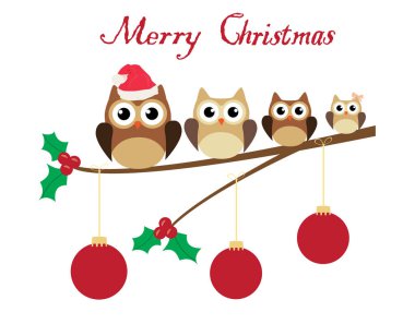 Noel Baykuşu ailesinin Noel ağacı topları ile vektör çizimi. Mutlu Noeller..