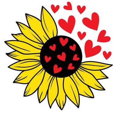 Kırmızı kalpli bir ayçiçeği çizimi.