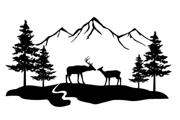 Векторная иллюстрация оленьей пары. голуби, горы, лес, речной фон.