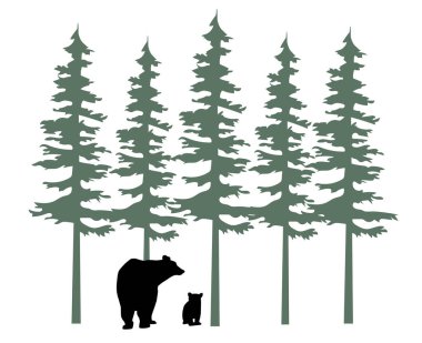 Ağaçların vektör çizimi ve yavru ayıyla anne ayı.