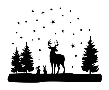 Tavşanlı, ağaçlı, yıldızlı Noel geyiğinin vektör çizimi.
