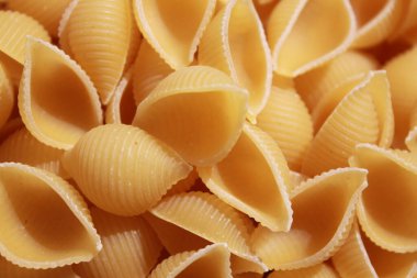 Koklea şeklindeki macunu çözdüm. İtalyan makarnası konchiglie soyut fon. Geleneksel yemek. Doku.