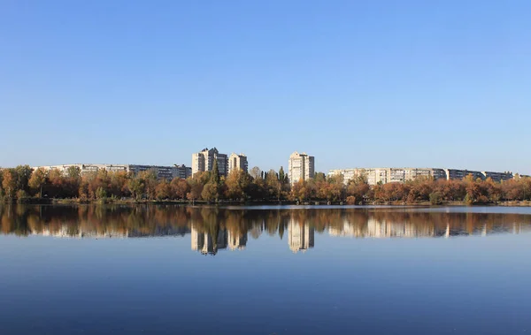 stock image Autumn view of the multi-store buildings from the Cheha lake.