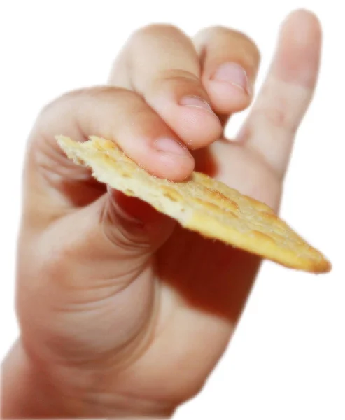 Hand Houden Cracker Geïsoleerd Witte Achtergrond — Stockfoto