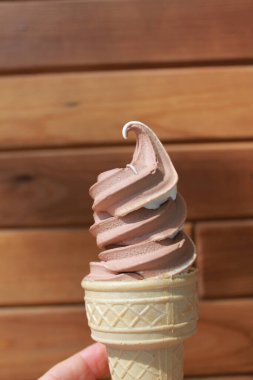 Tahta arka planda vanilyalı ve çikolatalı dondurma. Dondurma karışımı.