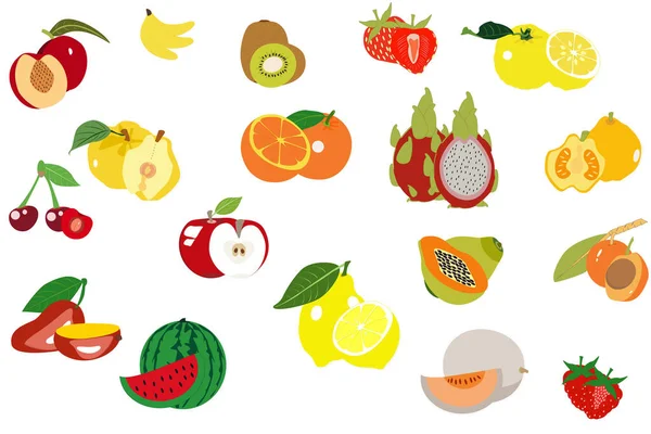 stock vector Set of fruit - papaya, orange, nectarine, ugly fruit, watermelon, hog plum,  strawberry, raspberry, quince, mango, lemon, kiwi,  melon, cherry, banana, apple in white background