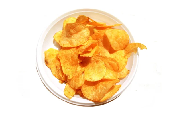Potato Chips Plastic Plate White Background — Stock Photo, Image