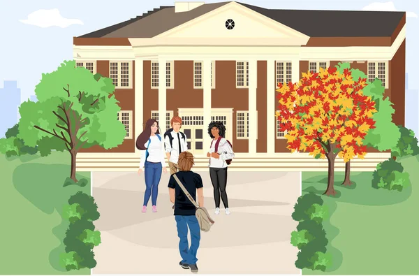 Μαθητές Στέκονται Κοντά Στο Κτίριο Γυμνάσιο Μπροστά Θέα Πράσινο Γκαζόν — Διανυσματικό Αρχείο