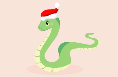 Şirin gülümseyen çizgi film yeşil yılan pembe arka planı. 2025 yılının hayvan yılan sembolü..