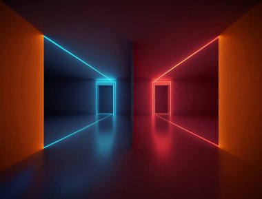 Boş bir odanın arka planı, koridor. Spot ışığı, renkli neon ışığı, fayansların yansıması. Lazer hatları, şekiller, sis. Yüksek kalite fotoğraf