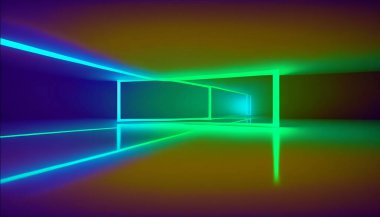 Boş bir odanın arka planı, koridor. Spot ışığı, renkli neon ışığı, fayansların yansıması. Lazer hatları, şekiller, sis. Yüksek kalite fotoğraf
