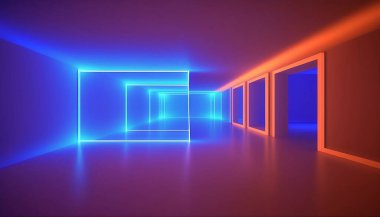 Boş bir odanın arka planı, koridor. Spot ışığı, renkli neon ışığı, fayansların yansıması. Lazer hatları, şekiller, sis. Yüksek kalite fotoğraf