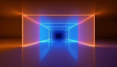 Boş bir odanın arka planı, koridor. Spot ışığı, renkli neon ışığı, fayansların yansıması. Lazer hatları, şekiller, sis. Yüksek kalite fotoğraf