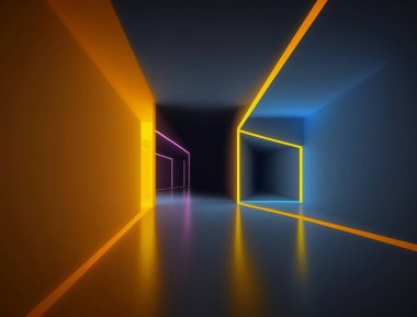 Boş bir odanın arka planı, koridor. Spot ışığı, renkli neon ışığı, fayansların yansıması. Lazer hatları, şekiller, sis. Yüksek kalite fotoğraf