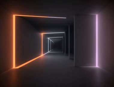 Boş bir odanın arka planı, koridor. Spot ışığı, renkli neon ışığı, fayansların yansıması. Lazer hatları, şekiller, sis. Yüksek kalite fotoğraf