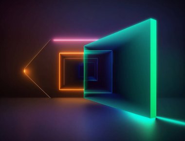 Neon arka plan konsepti neon ışık grunge arkaplan 3D görüntüleme odası. Yüksek kalite fotoğraf