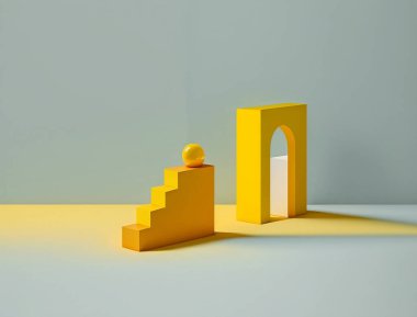 Renkli soyut geometrik kompozisyon. Turuncu kağıt zemin üzerinde üç boyutlu prizma piramit dikdörtgen küp objeler. Sarı, mavi, pembe, yeşil, koyu renkli figürler, yumuşak odak fotoğrafı. Yüksek kalite fotoğraf