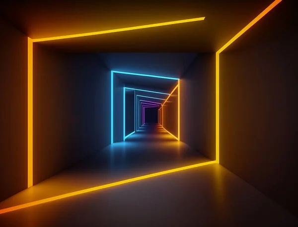 Latar Belakang Ruang Kosong Koridor Spotlight Warna Warni Lampu Neon — Stok Foto