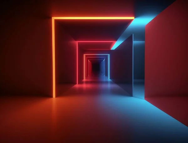 Background Empty Room Corridor Spotlight Colorful Neon Light Reflection Tiles — Stock Photo, Image