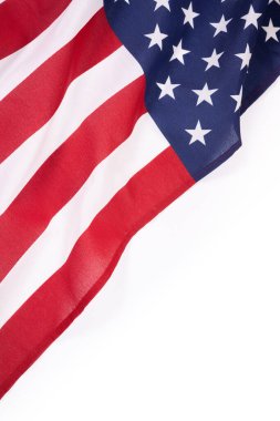 4 Temmuz Amerikan Bağımsızlık Günü. Bağımsızlık Gününüz kutlu olsun. Kırmızı, mavi ve beyaz yıldız konfetileri, beyaz arka planda kağıt süslemeler. Düz konum, üst görünüm, kopyalama alanı, pankart. Yüksek kalite fotoğraf