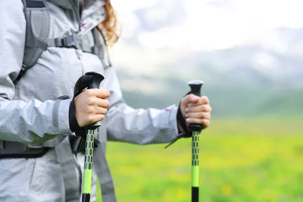 Close Hiker Hands Using Poles Mountain — Stock Photo, Image