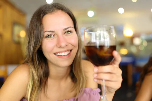 Happy Teen Holding Soda Cup Toasting Tou Restaurant — Stock Photo, Image