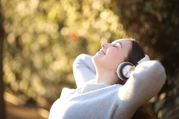 Профиль Счастливой Женщины Расслабляющей Слушая Аудио Наушниками Скамейке Парке — стоковое фото