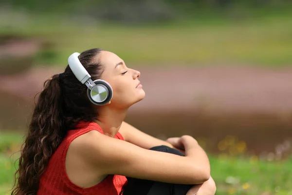 Profil Kvinna Naturen Lyssnar Ljud Med Hörlurar — Stockfoto
