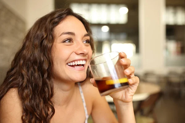 Funny Woman Laughing Holding Soda Glass Bar — Stock Photo, Image