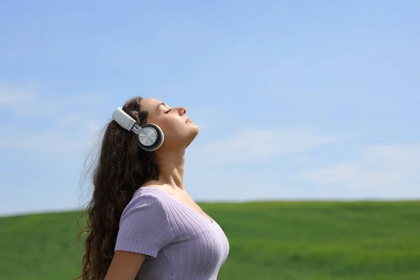 一个女人在一个用耳机听音频指南的领域沉思的侧视图画像 — 图库照片