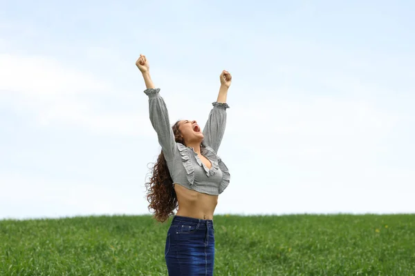 Mujer Emocionada Levantando Brazos Celebrando Campo — Foto de Stock