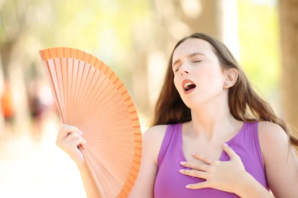 在一个公园里 一个女人在炎热的夏天强调扇形 — 图库照片