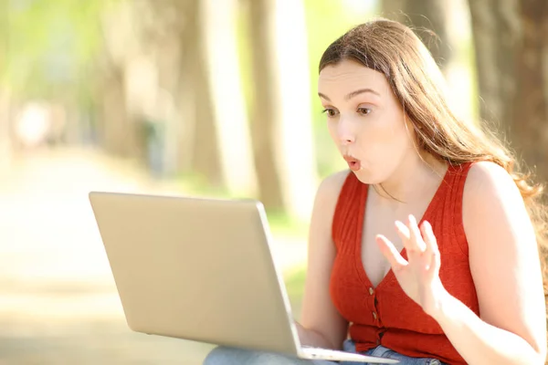 Verrast Vrouw Controleren Laptop Inhoud Zitten Alleen Een Park — Stockfoto