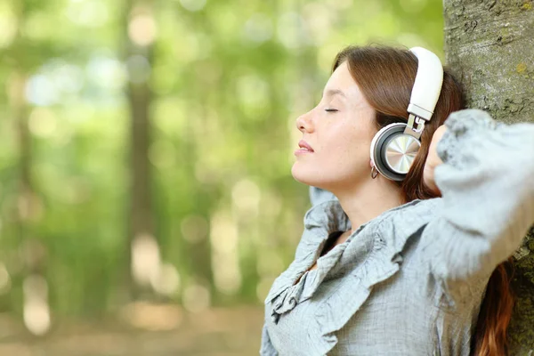 Side View Portrait Happy Woman Relaxing Listening Music Forest — Stock Photo, Image