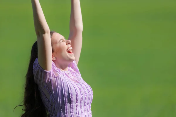Podekscytowana Kobieta Podnosi Ramiona Krzyczy Zieloną Przyrodę — Zdjęcie stockowe