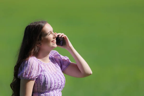 Perfil Una Mujer Feliz Hablando Por Teléfono Campo Verde — Foto de Stock