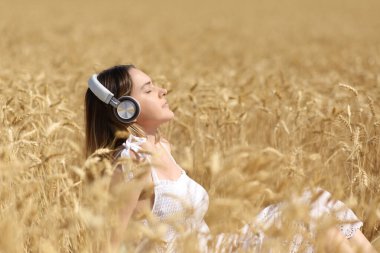 Kulaklığı olan, tarlada oturan ve müzik dinleyen rahat bir kadının profili.