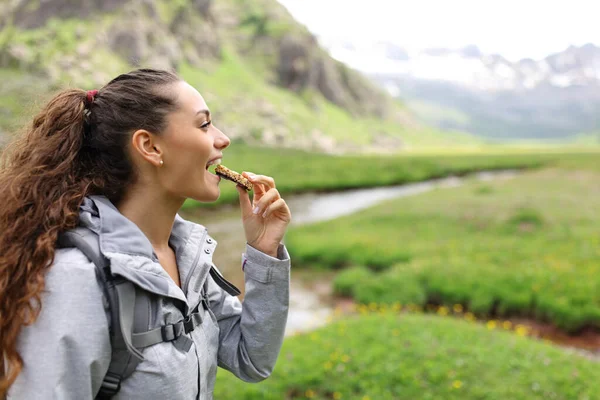Profile Hiker Eating Cereal Bar Valley Mountain — Stock Photo, Image