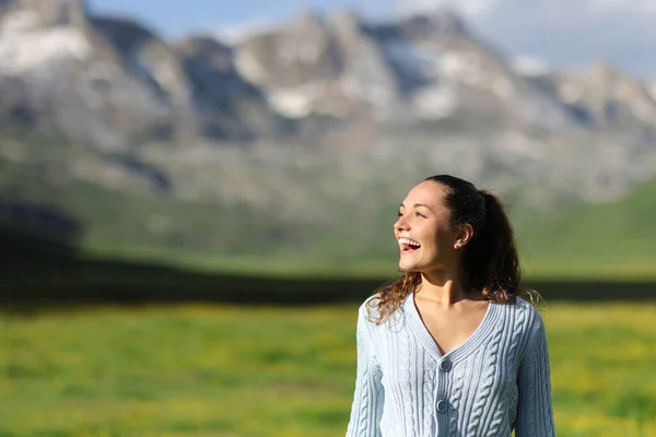Widok Przodu Szczęśliwy Turysta Śmiejący Się Górach Patrząc Bok — Zdjęcie stockowe
