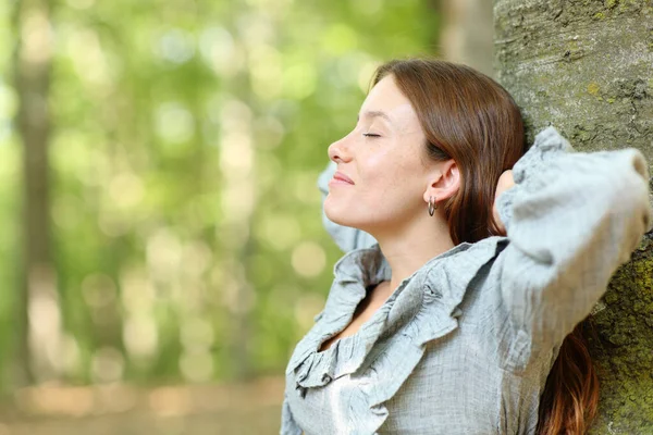 Profil Kobiety Odpoczywającej Drzewie Parku — Zdjęcie stockowe