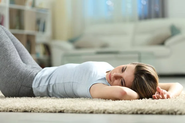 Sad Woman Lying Carpet Discouraged Home Night — Stock Photo, Image
