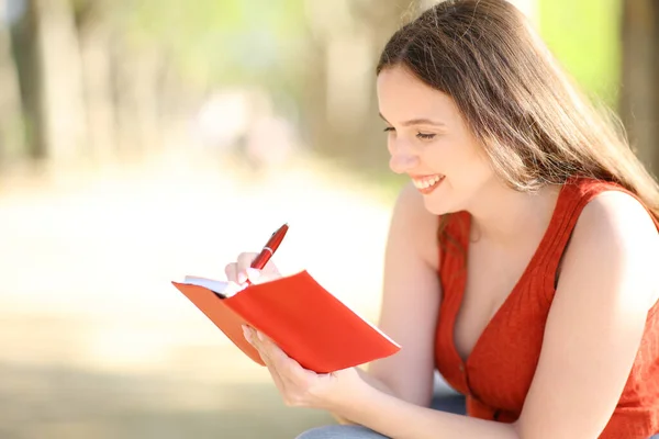 Mujer Feliz Escribiendo Agenda Roja Sentada Sola Parque — Foto de Stock