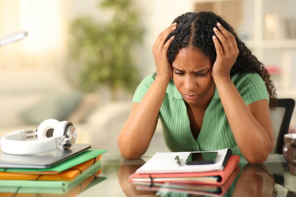 Worried Black Student Complaining Checking Notes Phone Home Stock Photo