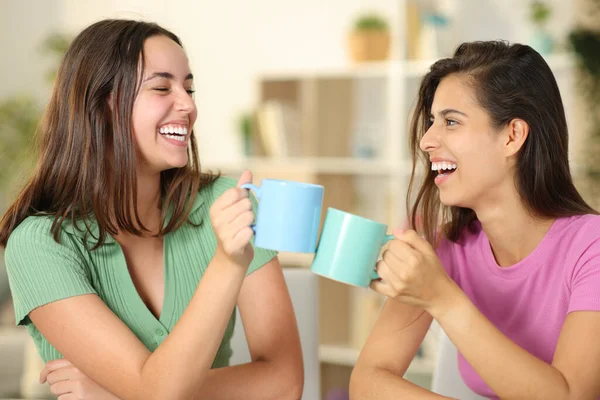 Two happy friends laughing and toasting with mugs at home