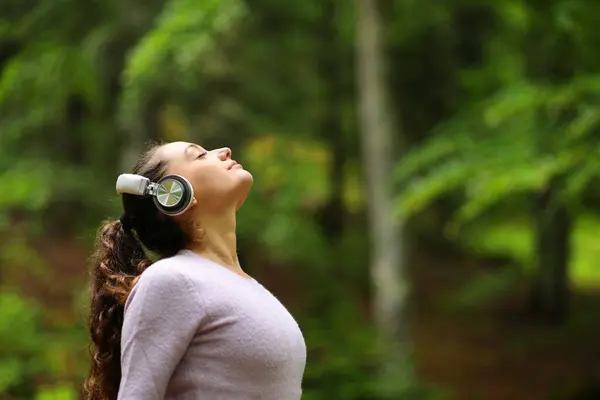Profile Woman Meditating Listening Audio Guide Headphone Forest Stock Image