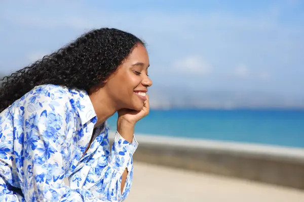 Profile of a happy black woman smiling and relaxing on the beach