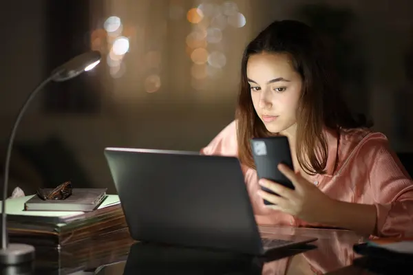 Tele worker working in the night using several devices at home