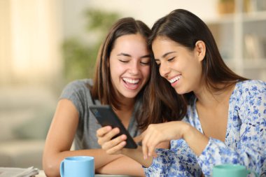 Mutlu kadınlar telefondaki içeriği kontrol ediyor ve evde gülüyorlar.