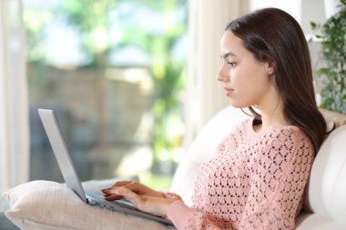 Ciddi bir kadının evdeki koltukta dizüstü bilgisayar kullanmasının profili.